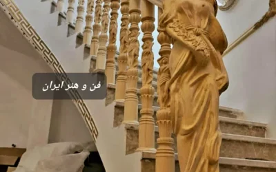 اجرای پله لاکچری با مجسمه فرشته در لواسان | تلفیق هنر، چوب راش و سنگ‌های گرانبها